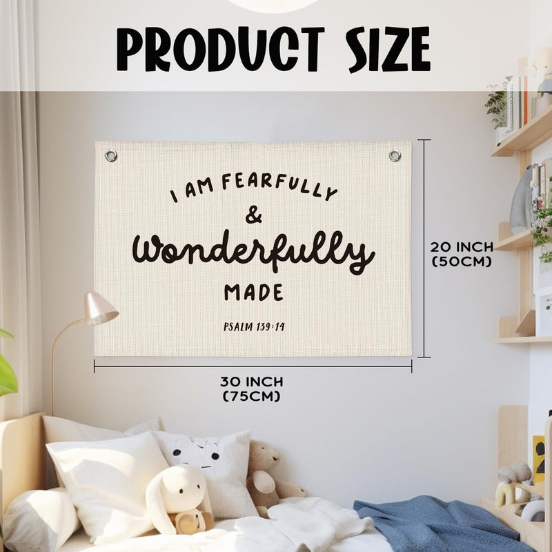 Wheatwin Kids Room Decor - Bible Verse Wall Hanging, 'I am Fearfully and Wonderfully Made' Linen Banner, Canvas Decoration for Classroom, Nursery, Kids Room - Image 4