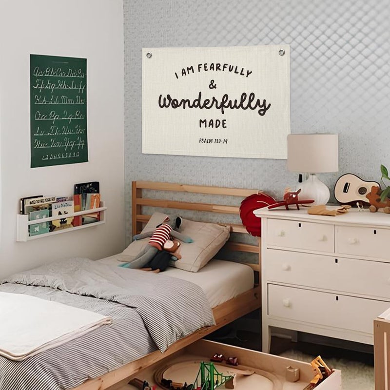 Wheatwin Kids Room Decor - Bible Verse Wall Hanging, 'I am Fearfully and Wonderfully Made' Linen Banner, Canvas Decoration for Classroom, Nursery, Kids Room - Image 2