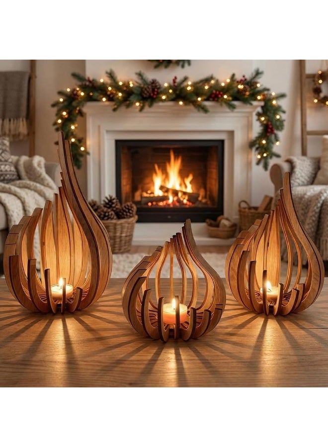 3-Piece Wooden Candle Holder Set - Modern Minimalist Creative Hollow Design (Large, Medium, Small) - Image 1