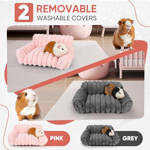ONEJU Guinea Pig Couch Fluffy Small Pet Sofa with with Two Removable Washable Covers Guinea Pig Bed with Stuffed Arms and Back Super Cozy Corduroy Fleece Pink and Dark Gray Respectively - Image 3