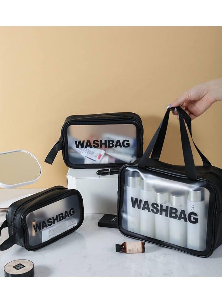 Multi-use bags, three pieces of different sizes, and an organizer for makeup and creams, black color