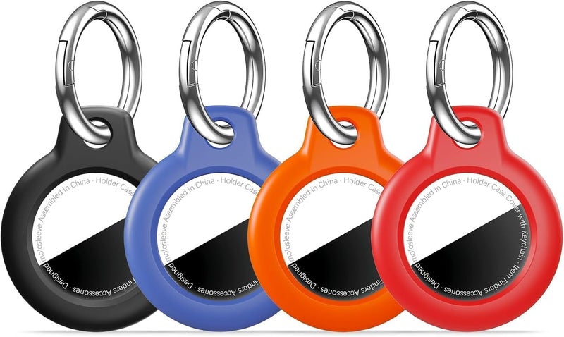 مجموعة MOLOSLEEVE [4 قطع] لحامل Airtag مع سلسلة مفاتيح، غطاء GPS مقاوم للصدمات ومضاد للخدش، إكسسوارات Airtag لحالات تتبع GPS للحقائب والأمتعة، أسود/برتقالي/أزرق/أحمر - Image 1