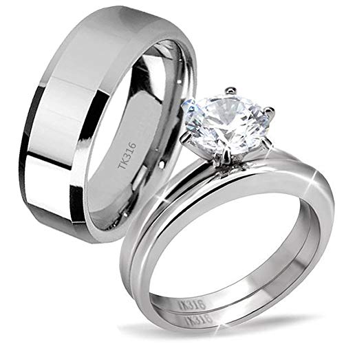 MABELLA His Hers Stainless Steel Men's Band Women Cubic Zirconia Round Cut Wedding Engagement Ring Set,Women's Size 5 Men's Size 11 - Image 1