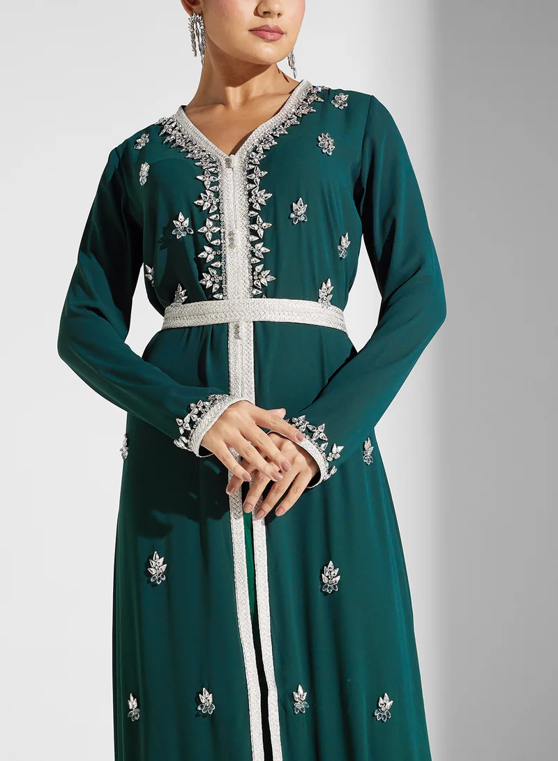Akadia Fashion laced crystal details kaftan