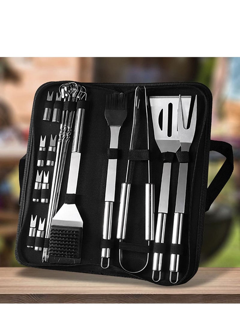 althiqahkey Stainless-steel BBQ Grill Tool Set with Spatula Fork Tongs Brush Skewers Barbecue Grilling Utensil Camping Outdoor Cooking Tool Set 20PC  - Image 2