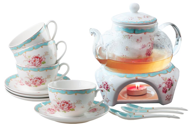 Jusalpha Fine China Tea Sets Vintage Rose Flower Series Coffee CupTeacup Saucer Spoon Set with Teapot Warmer  Filter Rose Glass pot 03
