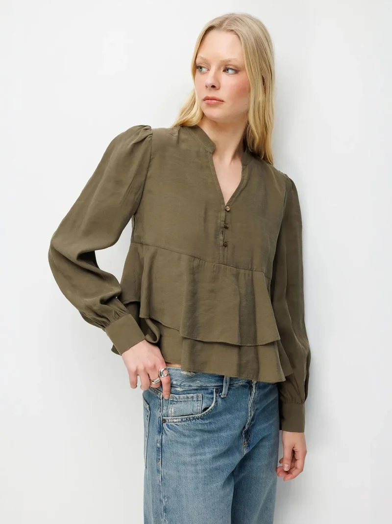 MixRay Khaki Green MIXRAY Frilly V-Neck Button-Up Blouse for Women | Best Price UAE