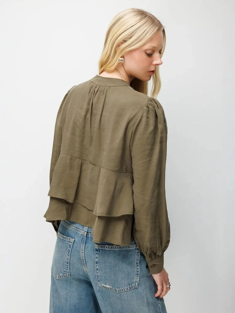 MixRay Khaki Green MIXRAY Frilly V-Neck Button-Up Blouse for Women | Best Price UAE