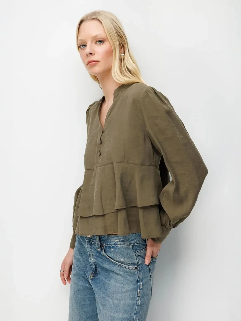 MixRay Khaki Green MIXRAY Frilly V-Neck Button-Up Blouse for Women | Best Price UAE
