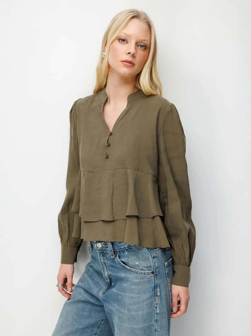 MixRay Khaki Green MIXRAY Frilly V-Neck Button-Up Blouse for Women | Best Price UAE