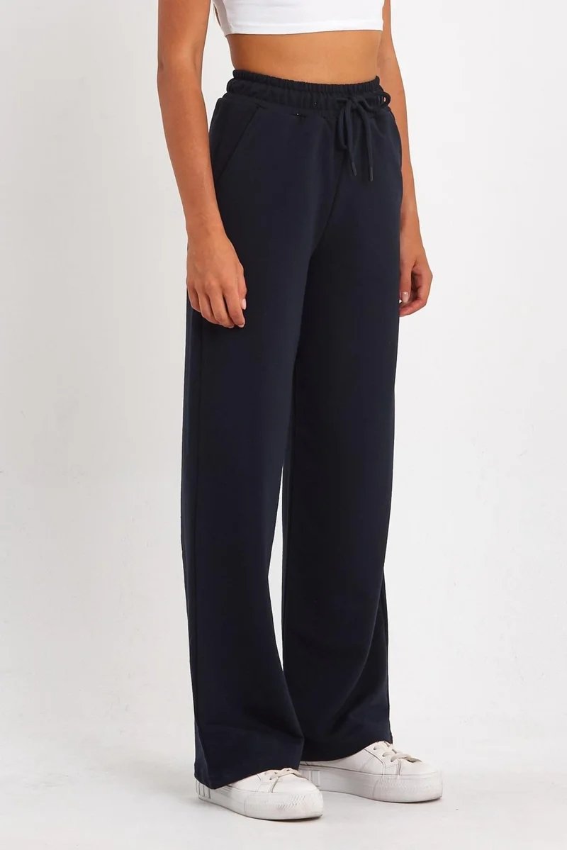 mmetalic Women's Seasonal Casual Wide Leg Side Pocket Navy Blue Sweatpants