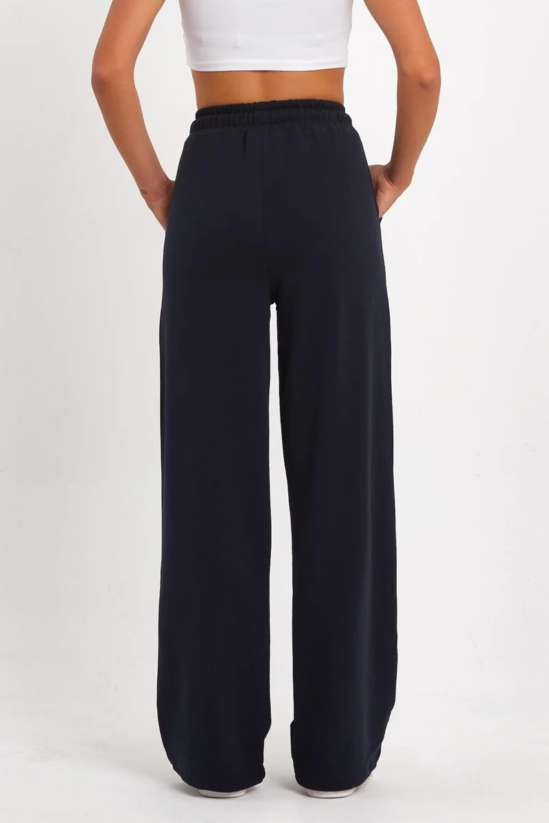 mmetalic Women's Seasonal Casual Wide Leg Side Pocket Navy Blue Sweatpants