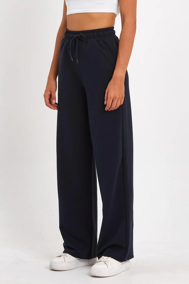 mmetalic Women's Seasonal Casual Wide Leg Side Pocket Navy Blue Sweatpants