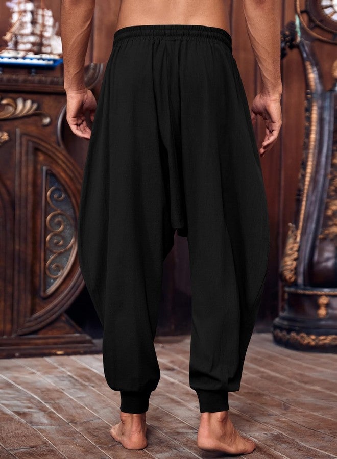 PASLTER Mens Pirate Pants Medieval Viking Costume Trousers Renaissance Halloween Baggy Harem Linen Pants Black - Image 4