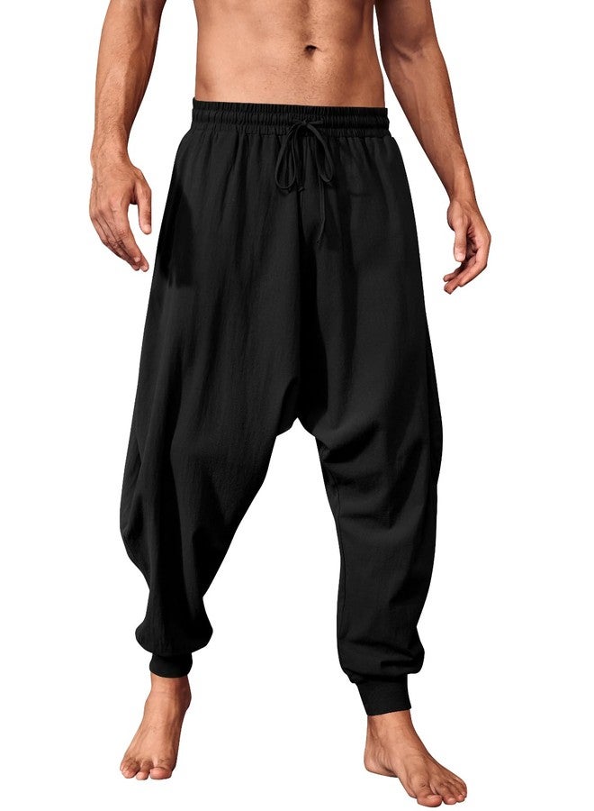 PASLTER Mens Pirate Pants Medieval Viking Costume Trousers Renaissance Halloween Baggy Harem Linen Pants Black - Image 1
