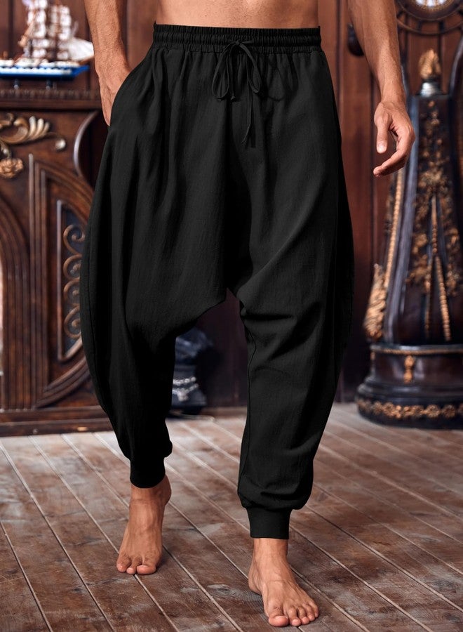 PASLTER Mens Pirate Pants Medieval Viking Costume Trousers Renaissance Halloween Baggy Harem Linen Pants Black - Image 2