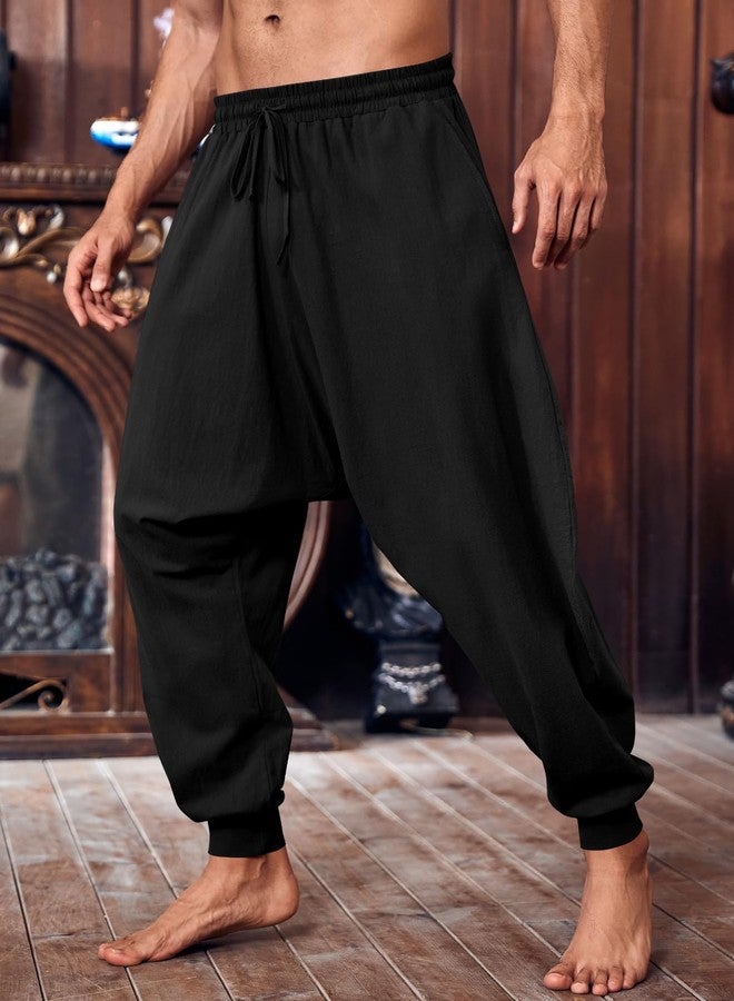 PASLTER Mens Pirate Pants Medieval Viking Costume Trousers Renaissance Halloween Baggy Harem Linen Pants Black - Image 3