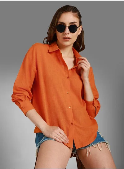 HIGH STAR Stay effortlessly stylish with this comfortable Orange Boxy Fit Shirts Solid design crafted from 100% Cotton featuring Long Sleeves with Button closure.