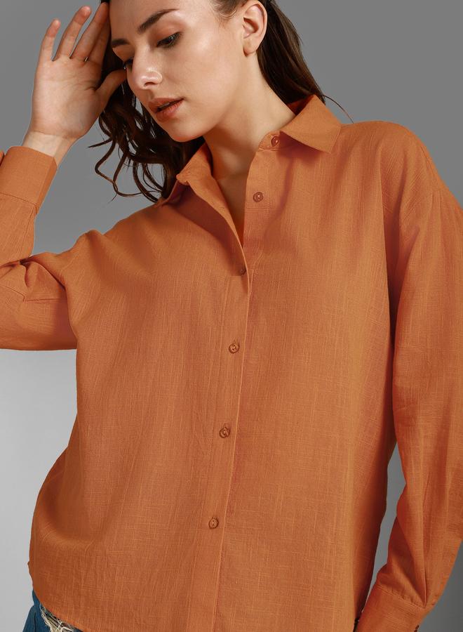 HIGH STAR Women's Orange 100% Cotton Solid Pattern Button Down Shirt - Image 5
