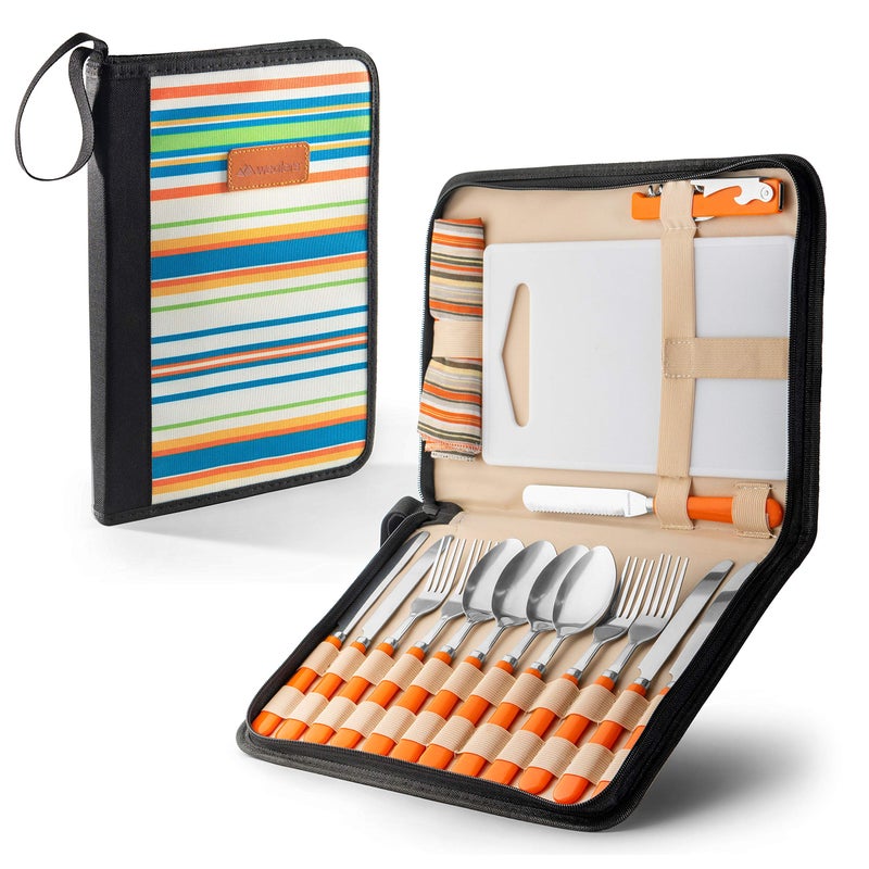Wealers Camping Silverware Kit Cutlery Organizer Utensil Picnic Set 12 Piece Mess Kit  Stainless Steel Spoon Butter  Serrated Knife Wine Opener Fork Napkin Hiking Camp Kitchen BBQs 4 Person 20 Piece Set 