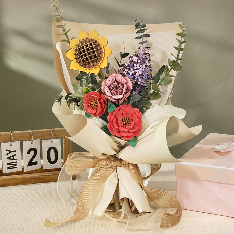 ROBOTIME Forever Flowers Bouquet Wooden Flower Bouquet Building Kit TW01H SunflowerRed CamelliaPink RoseLilac Gift for MomWife - Image 5