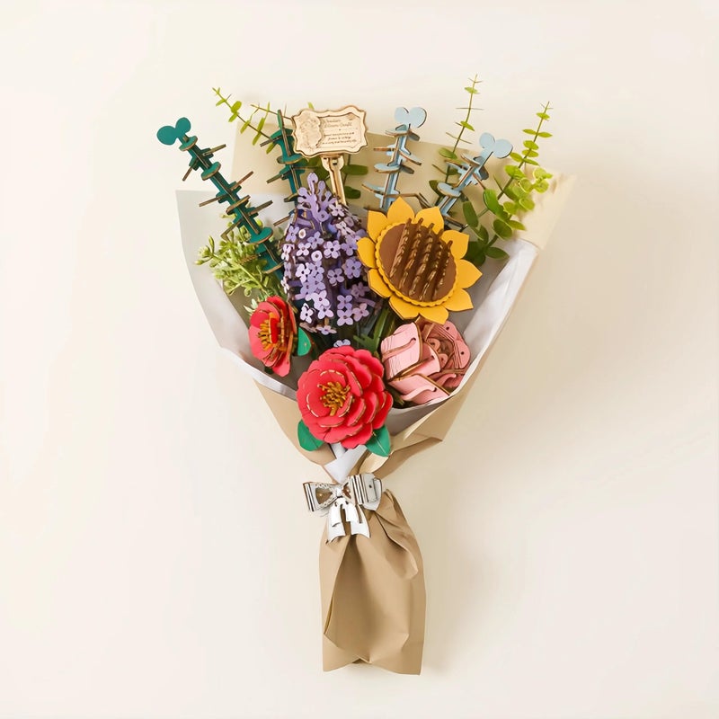 ROBOTIME Forever Flowers Bouquet Wooden Flower Bouquet Building Kit TW01H SunflowerRed CamelliaPink RoseLilac Gift for MomWife - Image 2