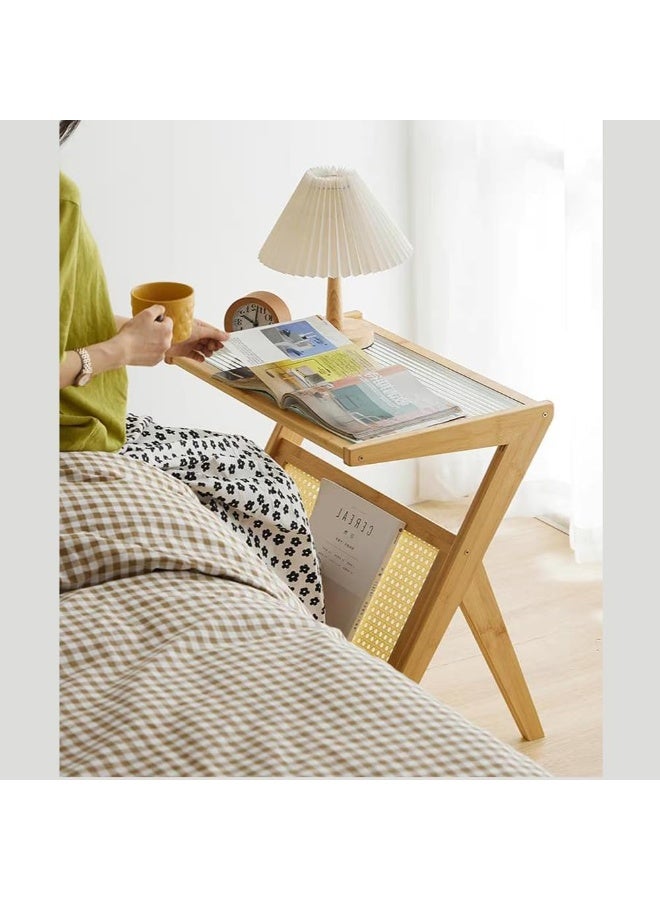 LINGWEI Boho Rattan Nightstand 50x56x36cm Bamboo Side Table with Glass Top and Storage Shelf Z Shaped End Table - Image 4