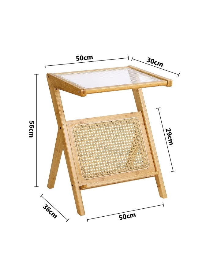 LINGWEI Boho Rattan Nightstand 50x56x36cm Bamboo Side Table with Glass Top and Storage Shelf Z Shaped End Table - Image 5