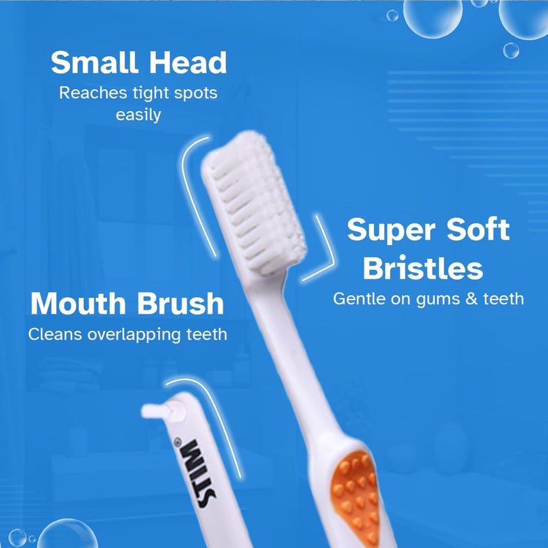 STIM Unique Manual Toothbrush For Adults, Precise Cleaning, Super Soft Bristles, Comes With Mouth-Brush, Pack Of 3,White - Image 3