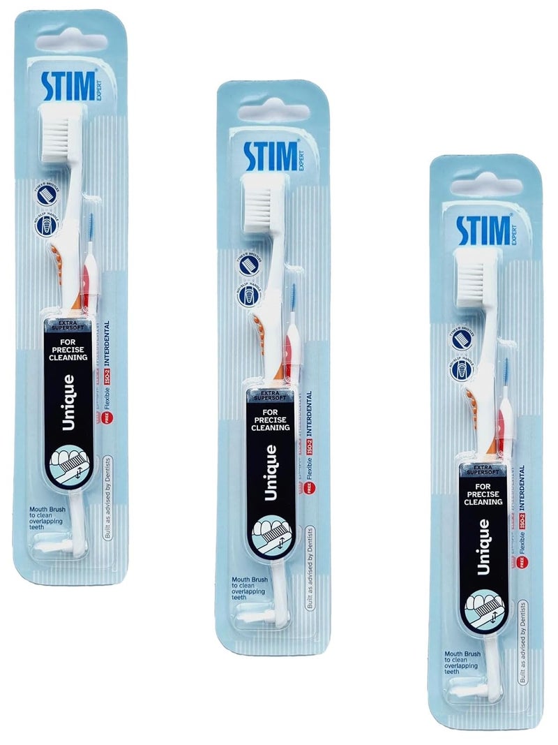 STIM Unique Manual Toothbrush For Adults, Precise Cleaning, Super Soft Bristles, Comes With Mouth-Brush, Pack Of 3,White - Image 1