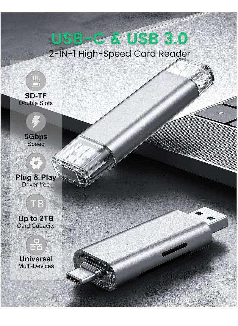 Micro SD Card Reader, USB 3.0 USB-C Memory Card Reader, Aluminum Multi 2-in-1 External SD Card Adapter for Phone Camera PC Laptop Table, Support TF/SD/Micro/SD/SDXC/SDHC/MMC/RS-MMC/UHS-I