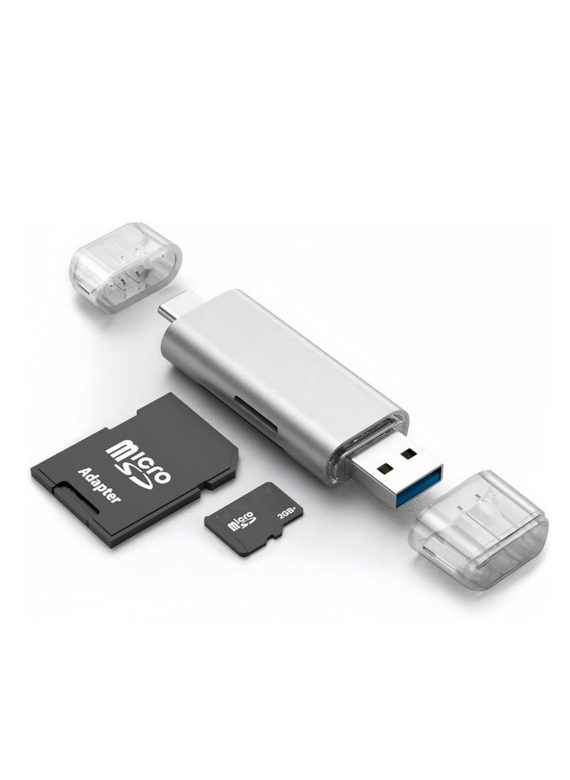 Micro SD Card Reader, USB 3.0 USB-C Memory Card Reader, Aluminum Multi 2-in-1 External SD Card Adapter for Phone Camera PC Laptop Table, Support TF/SD/Micro/SD/SDXC/SDHC/MMC/RS-MMC/UHS-I