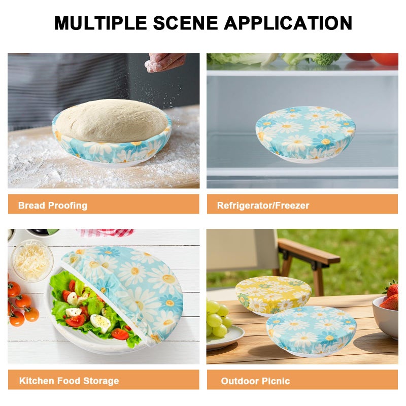 BERBAM 2Pcs Reusable Bowl Covers for Bread Proofing - Cotton Beeswax Bowl Covers Reusable with Elastic Rim, Eco-Friendly Sourdough Bowl Cover for Food Storage (10INCH) (Yellow & Blue daisy) - Image 5