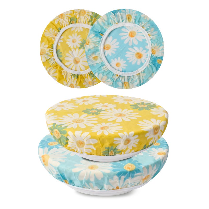 BERBAM 2Pcs Reusable Bowl Covers for Bread Proofing - Cotton Beeswax Bowl Covers Reusable with Elastic Rim, Eco-Friendly Sourdough Bowl Cover for Food Storage (10INCH) (Yellow & Blue daisy) - Image 1