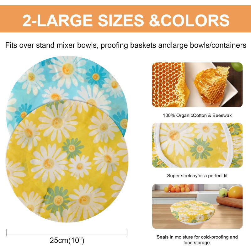 BERBAM 2Pcs Reusable Bowl Covers for Bread Proofing - Cotton Beeswax Bowl Covers Reusable with Elastic Rim, Eco-Friendly Sourdough Bowl Cover for Food Storage (10INCH) (Yellow & Blue daisy) - Image 2