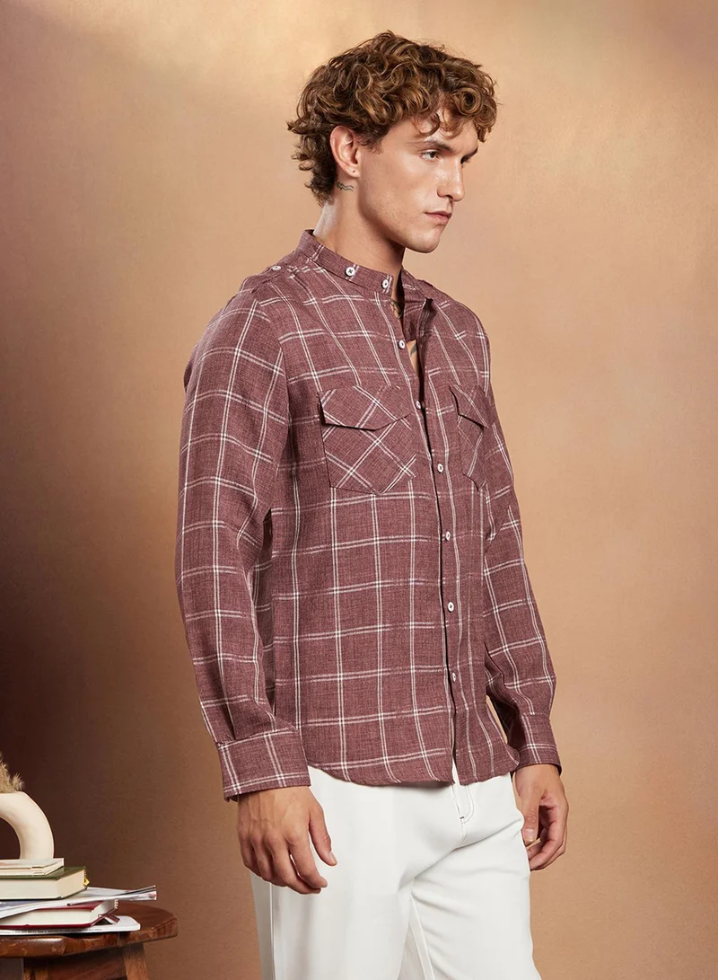Campus Sutra Campus Sutra Men's Brick Red Bi-Graph Utility Oversized Shirt For Casual Wear | Band Collar | Long Cuffed Sleeves | Button Closure | Oversized Shirt Crafted With Comfort Fit For Everyday Wear