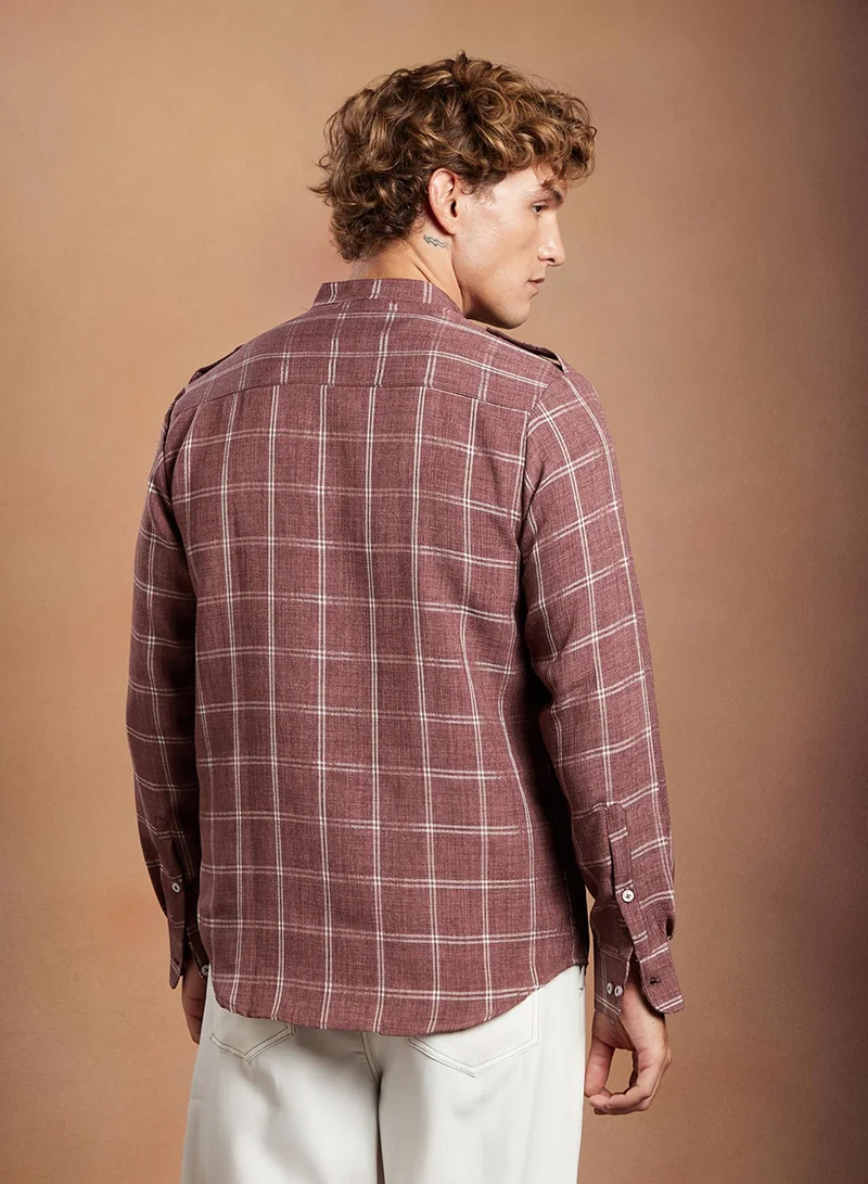 Campus Sutra Campus Sutra Men's Brick Red Bi-Graph Utility Oversized Shirt For Casual Wear | Band Collar | Long Cuffed Sleeves | Button Closure | Oversized Shirt Crafted With Comfort Fit For Everyday Wear