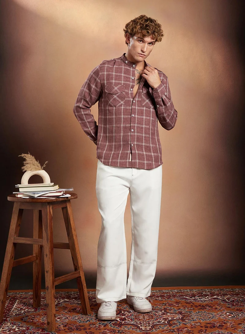 Campus Sutra Campus Sutra Men's Brick Red Bi-Graph Utility Oversized Shirt For Casual Wear | Band Collar | Long Cuffed Sleeves | Button Closure | Oversized Shirt Crafted With Comfort Fit For Everyday Wear