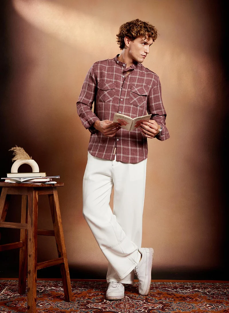 Campus Sutra Campus Sutra Men's Brick Red Bi-Graph Utility Oversized Shirt For Casual Wear | Band Collar | Long Cuffed Sleeves | Button Closure | Oversized Shirt Crafted With Comfort Fit For Everyday Wear