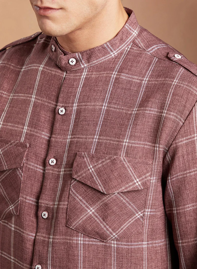 Campus Sutra Campus Sutra Men's Brick Red Bi-Graph Utility Oversized Shirt For Casual Wear | Band Collar | Long Cuffed Sleeves | Button Closure | Oversized Shirt Crafted With Comfort Fit For Everyday Wear