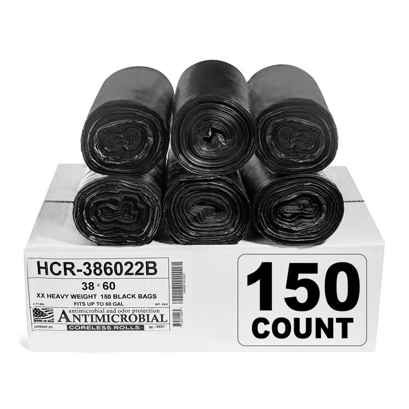 Aluf Plastics High Density Trash Bags, 60 Gallon, 150 Count, 22 Micron (eq), 38" x 60", Black, for Bathroom, Office, Industrial, Commercial, Janitorial, Municipal, Recycling - Image 1
