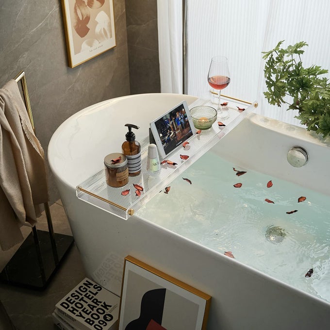 BATHTUB TRAY ACRYLIC BATH TRAY BATHTUB CADDY NONSLIP BATH TUB TRAY TABLE WITH GOLD BRUSHED HANDLES