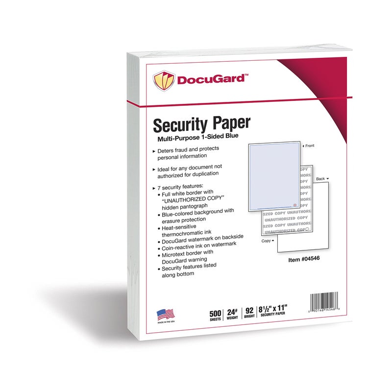 DocuGard Advanced Blue MultiPurpose Security Paper Fraud Prevention 7 Security Features Laser Inkjet Printer Compatible 85 x 11 24 lb 500 Sheets 04546