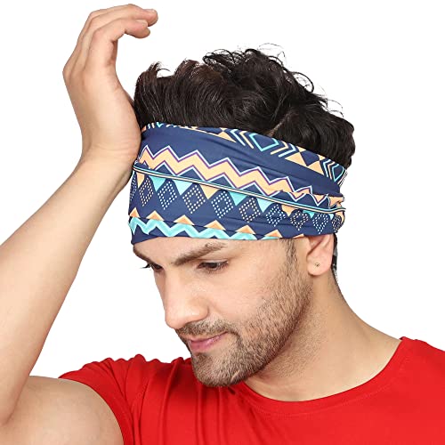 Coreteq Multicolor Sports Sweatband Headband Concealed Seam Micro-Spandex Men and Women (Aztec Navy) Free Size - Image 5