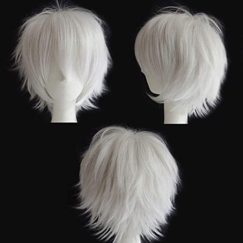S-noilite Short Unisex Anime Wig - Fluffy Hair, Japanese Comic Hairstyles With Layered Bang for Halloween Cosplay Party Costume - Full Synthetic (White) - Image 1