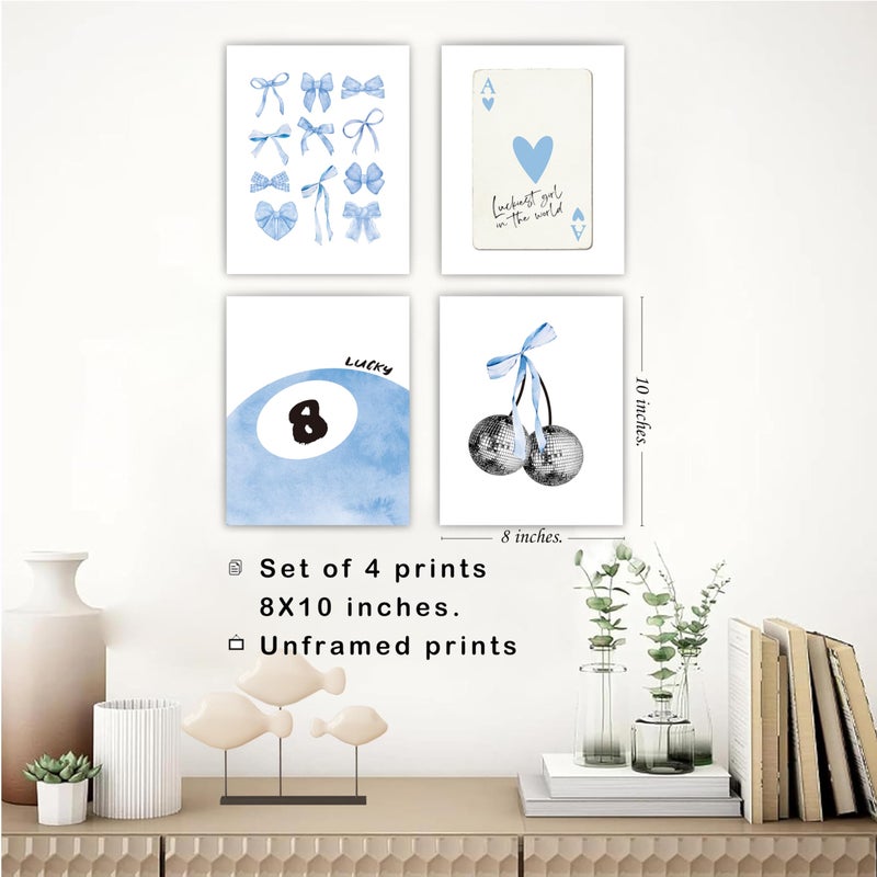 okaxscm Light Blue Coquette Trendy Preppy Wall Art Prints Set of 4  Coquette Preppy Room Decor  Blue Bow Disco 8 Ball Cherry Wall Decor Posters for Girls Bedroom Dorm  8x10 Unframed - Image 2