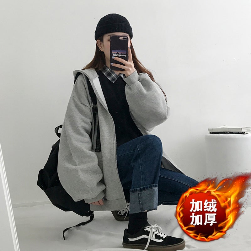 Autumn Winter Couple Hoodies Korean Oversized Cardigan Gray plus Velvet 