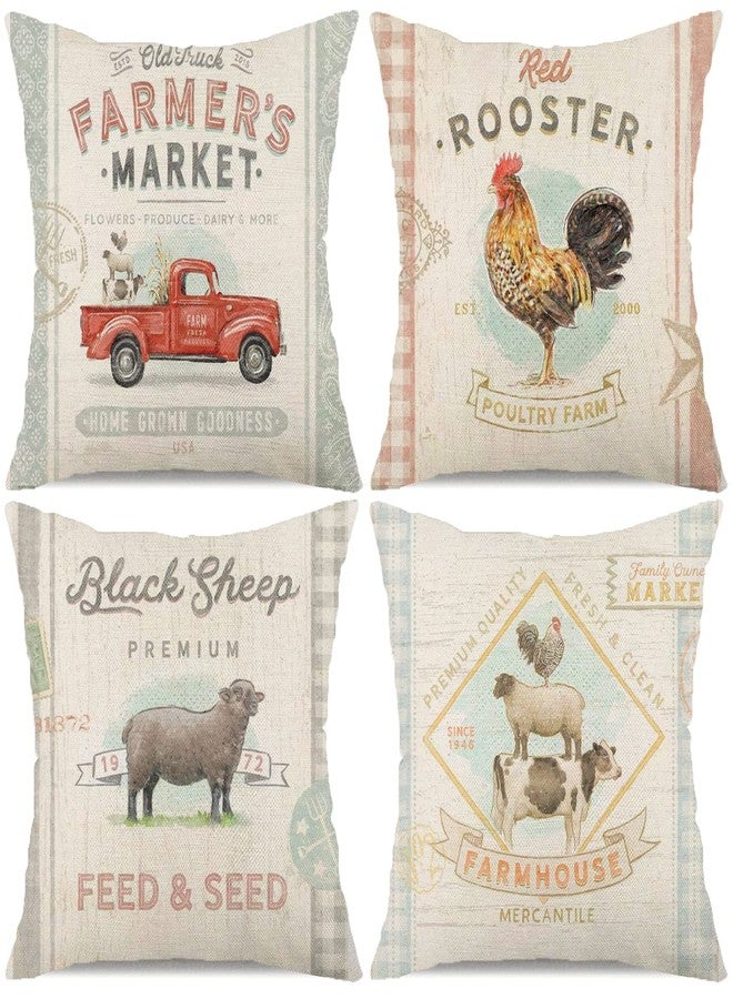 Faromily Vintage Farmhouse Animal Pillow Covers 18x18 Set of 4 Rustic Retro Farmer's Market Truck Rooster Sheep Feed Seed Premium Poultry Farm Home Décor Throw Pillow Case Cushion Cover (18" X 18") - Image 1