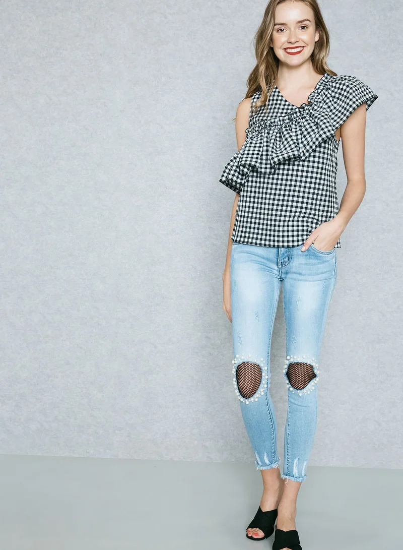 MANGO Frill Detail Gingham Top