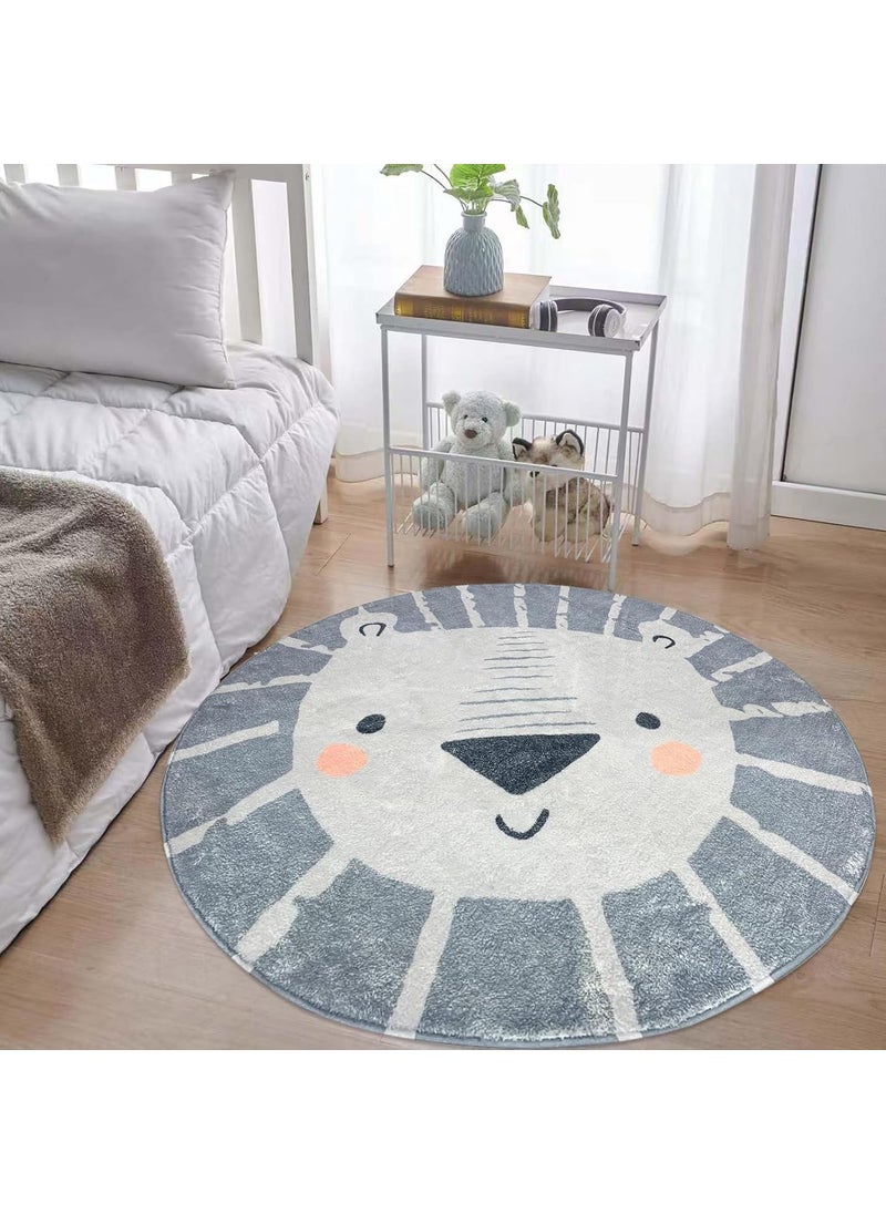 USTIDE USTIDE 4ft Lion Kids Play Rug Machine Washable Soft Wool Carpet for Toddlers Nursery NonSlip Round Circle Rug for Childrens Bedroom Grey  - Image 3